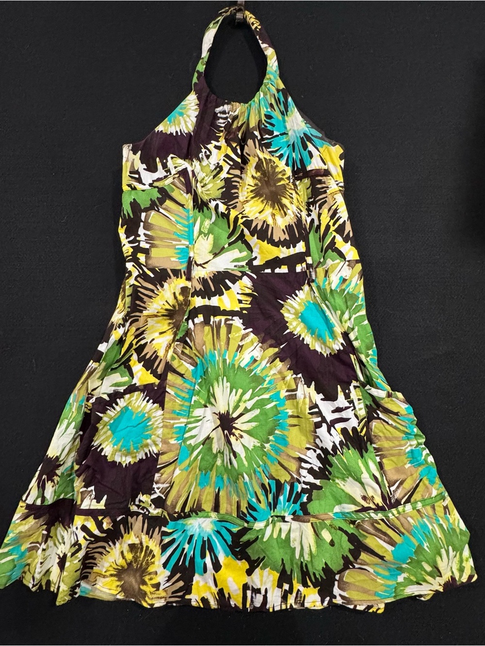 Retro Halter Dress in Turquoise, Green & Yellow Burst Print